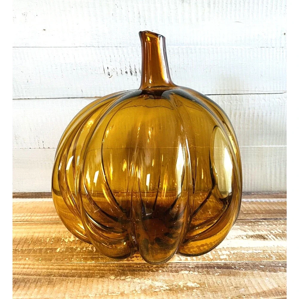 Vintage Blown Amber Glass Pumpkin Candle Holder Poland 10